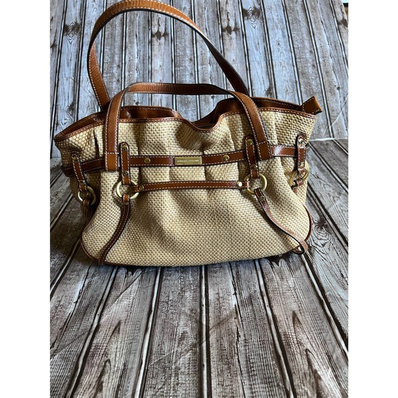 Vintage Adrienne Straw with brown Leather Handbag Tote